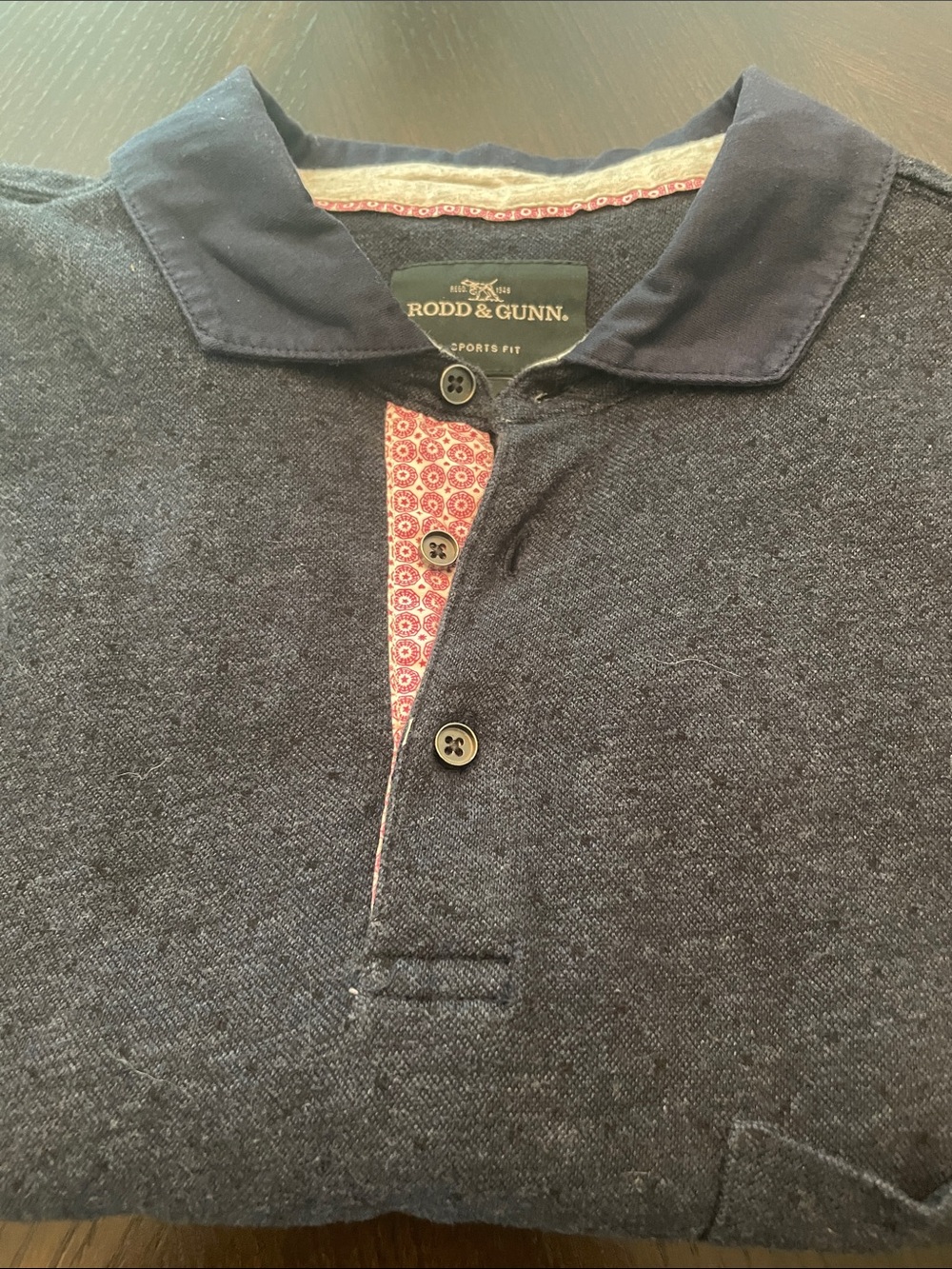 Rodd & Gunn Navy Polo Sports Fit Short-sleeved with Red Patterned Placket Size L
